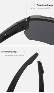 Detail of durable metal hinges and non-slip curved temple tips on cycling sunglasses