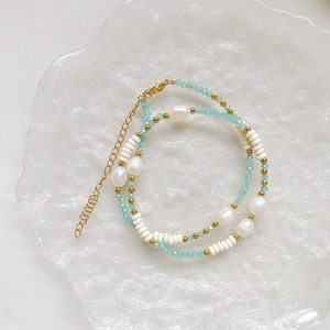 Baroque pearl necklace with blue crystal beads and gold titanium steel lobster clasp