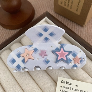 Pinza per capelli Y2K a scacchi viola in acetato con stelle e strass scintillanti