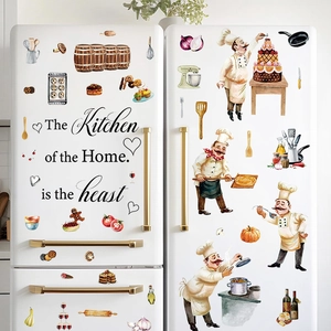Watercolor kitchen wall stickers featuring chefs and cooking elements on a white fridge