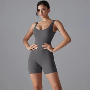 Close-up of seamless dark grey yoga bodysuit with elastic body-contouring fit