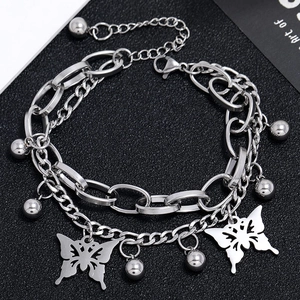 Double-layer silver stainless steel chain bracelet with butterfly and ball charms
