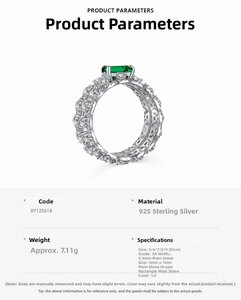 Tabella delle specifiche dettagliate dell'anello in argento S925 con zircone verde smeraldo