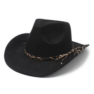 Classic black felt western cowboy hat featuring a stylish leopard print band decoration