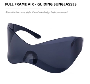 Macro view of full frame air-guiding sunglasses with curved dark grey lenses