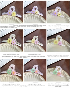 Size comparison grid of floral resin hair claws in purple, white and pink colors