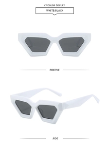 Front and side views of stylish diamond cat-eye sunglasses with white frames and black lenses