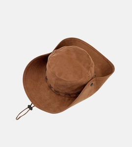Brown suede cowboy hat featuring metal air vents, braided stitching, and chin strap