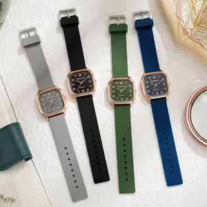 Square quartz watches with colorful silicone straps and rose gold metallic case detail