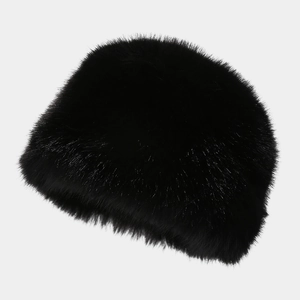 Winter warm black faux fur bucket hat with fluffy texture and windproof dome design