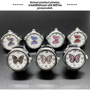 Detailed set of seven silver quartz ring watches with butterfly dials and Roman numerals