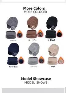 Detail view of winter knitted beanie and neck warmer set with thick fleece lining in 6 colors