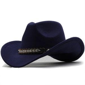 Classic dark blue wool felt cowboy hat with woven leather band and metal rivet detail
