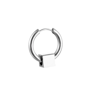 Minimalist silver stainless steel hoop earrings with a sliding square cube pendant