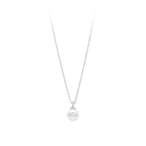 Detail view of a 925 sterling silver chain with a round white pearl pendant and zircon