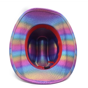 Close-up of rainbow gradient western hat interior with shiny finish and red sweatband