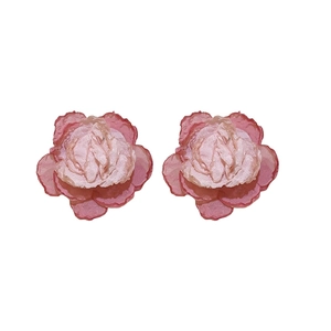 Pink handmade woven lace flower clip-on earrings with realistic petal layers for women