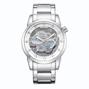 Montre mécanique squelette argentée pour hommes avec bracelet en acier inoxydable poli