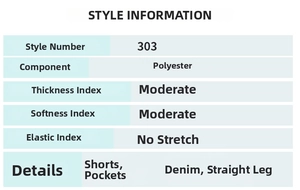 Tableau des tailles détaillé pour shorts en jean avec spécifications du matériau et coupe