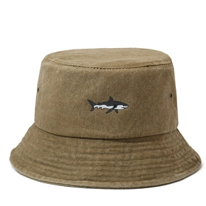 Sombrero de pescador de algodón lavado con bordado de tiburón para protección solar exterior