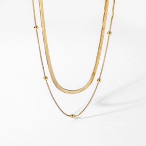 Double-layered 14K gold-plated stainless steel necklace with snake and bead chains