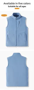 Front and back view of light blue fleece vest with zipper pockets and stand collar