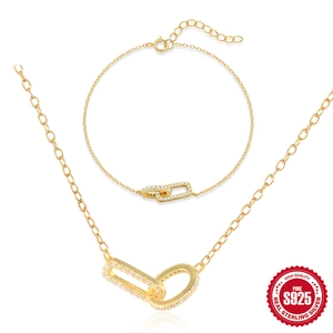 925 Sterling Silver Interlocking Double Loop Zirconia Jewelry Set Gold Plated Necklace Bracelet For Women Fashion Jewelry Accessory