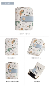 Detailed interior and exterior views of white bear print short wallet with blue strap
