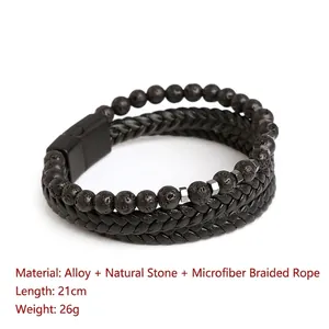 Bracciale multistrato da uomo con perle in pietra naturale nera e pelle intrecciata con fibbia