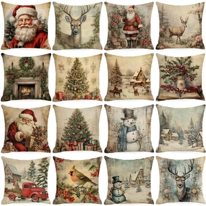 Vintage Christmas Decorative Pillow Case Linen Blend Square Cushion Cover For Sofa Living Room Home Decor Retro Santa