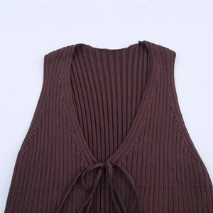 Brown knit vest top with deep V-neckline, ribbed texture and lace-up front detail