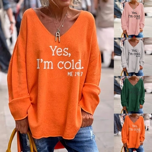 Pull Femme Col En V Manches Longues Coupe Ample Imprimé Slogan Lettres Polyester Spandex Hauts Streetwear Décontractés