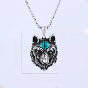 Wolf head pendant necklace dimensions and weight shown in a close-up product detail view