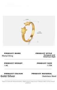 Detailed size parameters and specifications for the adjustable gold star stainless steel ring