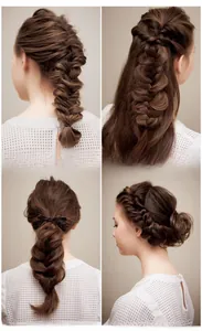Detail showing four complex hairstyles achieved using the hair styling tool set
