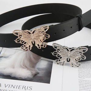 Women Faux Leather Waist Belt With Hollow Metal Butterfly Snap Buckle Vintage Versatile Accessory For Jeans