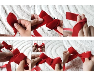 Step-by-step tutorial for tying a red velvet ribbon bow for Christmas tree decorations
