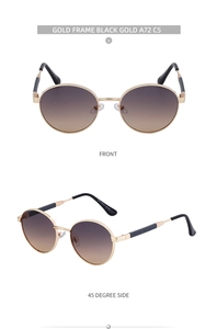 Close-up of round gold metal frame sunglasses with gradient lenses in dual display
