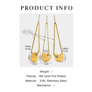 Detailed spec sheet showing 18K gold plated stainless steel snake chain and pendants