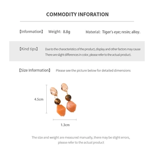Detailed size specifications for tiger's eye and resin bead earrings showing dimensions