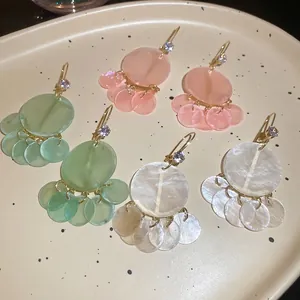 Luxurious geometric zircon shell tassel drop earrings in green pink and white colors