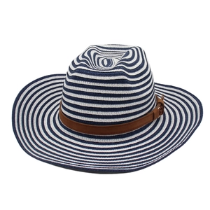 Detail of navy blue striped straw sun hat with brown faux leather band and metal buckle