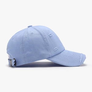 Distressed light blue cotton baseball cap with ripped details and metal adjustment buckle
