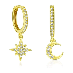 Asymmetric gold star and moon drop earrings with micro-paved cubic zirconia accents