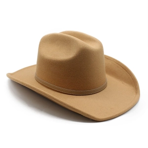 Classic camel wool cowboy hat with retro leather belt detail on a clean white background