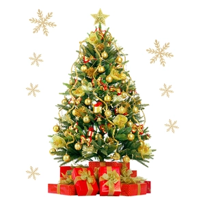Dettaglio dell'albero di Natale artificiale con addobbi dorati e scatole regalo rosse