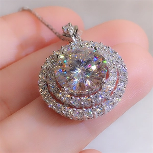 Three-layer circular silver pendant necklace with brilliant cut moissanite diamond stone