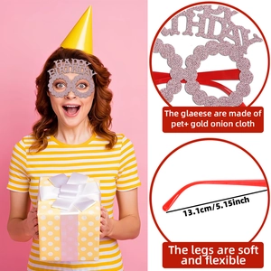 Pink glitter Happy Birthday party glasses for kids showing size and flexible PET frame