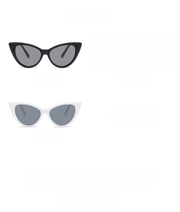 Three pairs of cat eye sunglasses in black, red, and white frames with grey lenses
