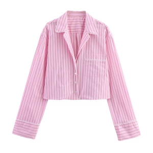Women Pink Striped Shirt Long Sleeve Lapel Blouse With White Lace Trim Sweet Girl Style Loose Fit Polyester Poplin Top